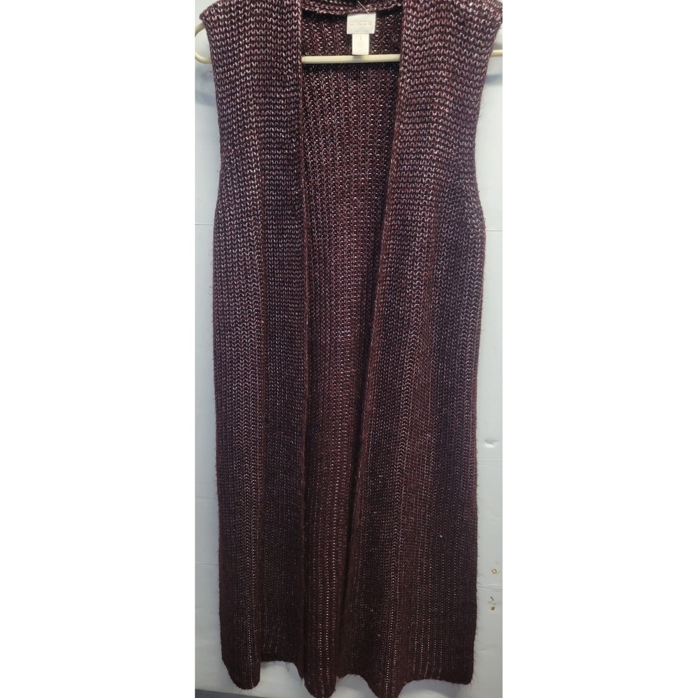 Chico's Burgundy Metallic‎ Knit Longline Duster Vest Open Front Size 1 Medium
